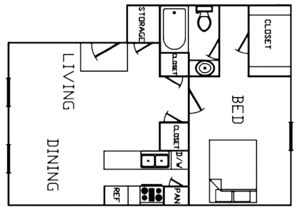 1 Bedroom 1 Bathroom floor plan illustration