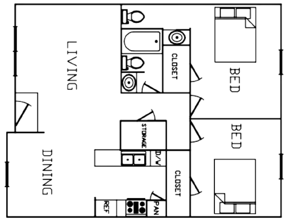 2 Bedroom 1.5 Bathroom floor plan illustration