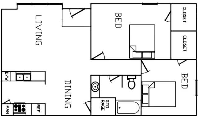 2 Bedroom 1 Bathroom floor plan illustration