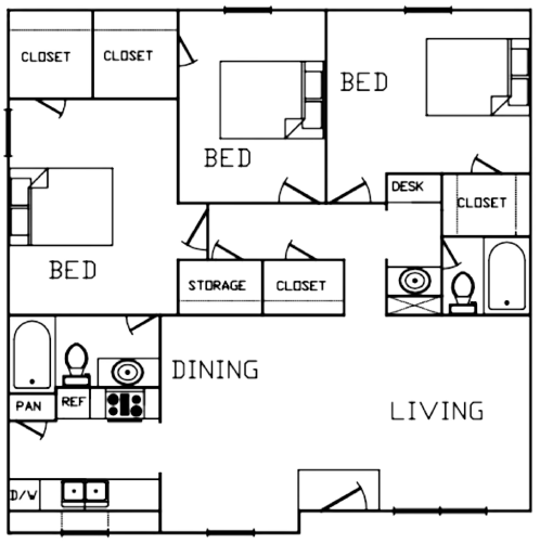 3 Bedroom 2 Bathroom floor plan illustration